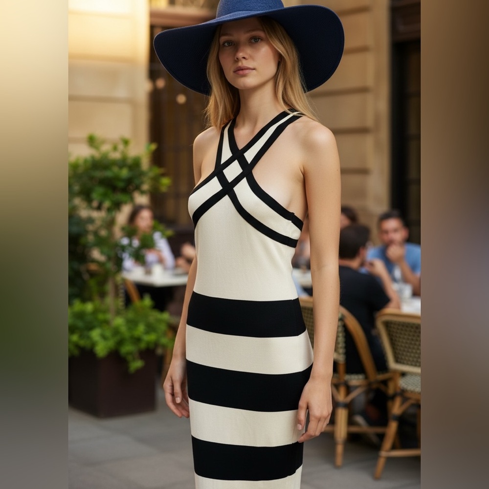 Eva Longoria Black & Ivory Striped Bodycon Midi Dress Women’s Large